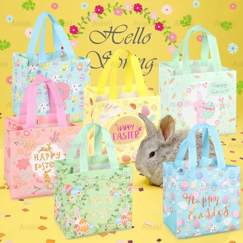 Vista 4 de Aviski 12 bolsas de caza de huevos de Pascua feliz, bolsa de regalo de huevo de zanahoria con asas, bolsas de regalo de Pascua, envoltura de regalos