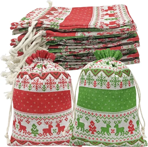 Vista 9 de Jexila 24 bolsas de regalo de arpillera de Navidad de 4 x 6 pulgadas, reutilizables, pequeñas bolsas de dulces con cordón de Navidad para niños