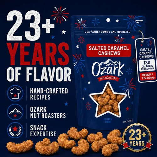 Vista 4 de OZARK NUT ROASTERS Anacardos de caramelo salado, aperitivo gourmet de nueces confitadas, sin gluten, sal marina y anacardos glaseados con caramelo