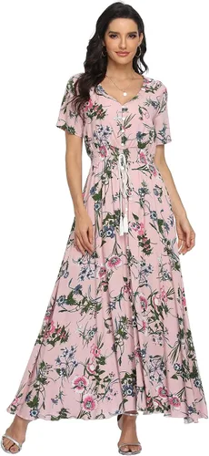 Vista 5 de VintageClothing - Vestido largo floral para mujer, estilo bohemio, con botones, dividido, para verano, informal, vestido largo para fiesta