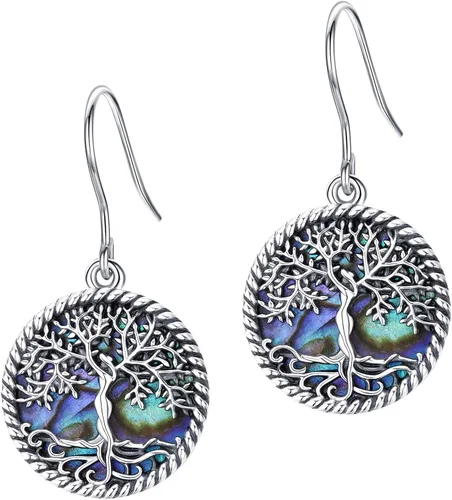 Vista 2 de Aretes de plata de ley 925 con diseño de gato, árbol de la vida, piedra lunar, lágrima, filigrana, colgantes, para mujeres y niñas