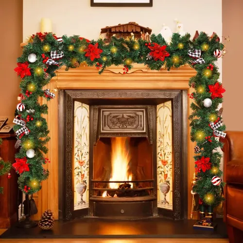 Vista 2 de Guirnalda de Navidad con luces, decoraciones de Navidad preiluminadas de 9 pies con 50 luces LED, con caja de batería impermeable, uso en interiores