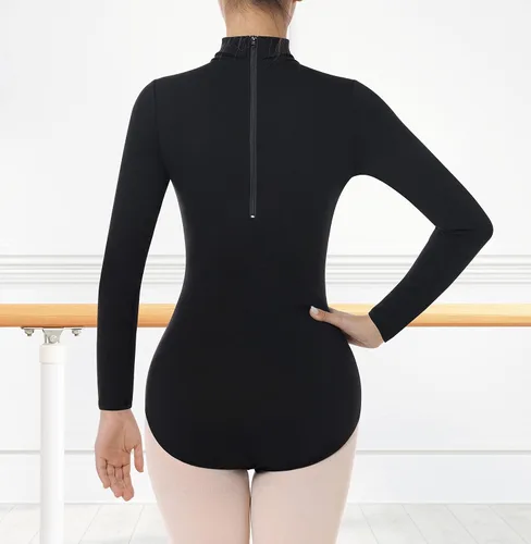 Vista 3 de BAKPH Maillot de ballet de baile para mujer cuello alto manga larga con broches duraderos