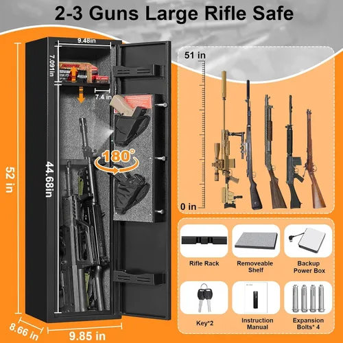 Vista 2 de Caja fuerte para 3 armas, caja fuerte para rifles y pistolas con puerta de acceso completo de 180° y estante extraíble, sin montaje con sistema