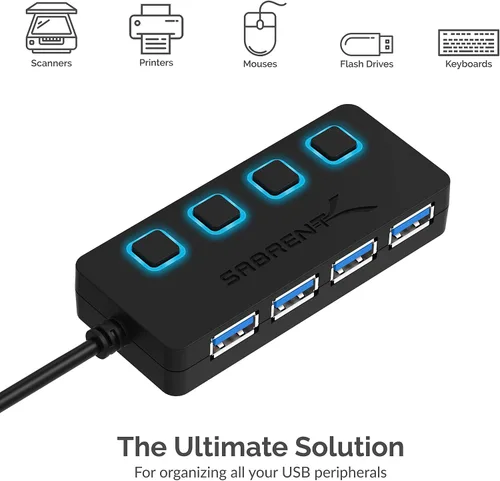 Vista 5 de Sabrent USB de 4 puertos 3.0 Hub con interruptores individuales de energía y LEDs (HB-UM43)