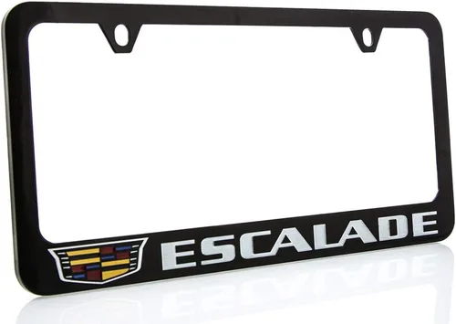 Vista 4 de Cadillac Escalade con marco de placa de matrícula de zinc con cresta y acabado negro brillante (4 agujeros)