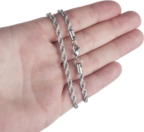 Vista 2 de Silvadore Collar de cadena con cable de bola de cuerda para hombre, eslabones de placa de identificación de perro, tono de acero inoxidable