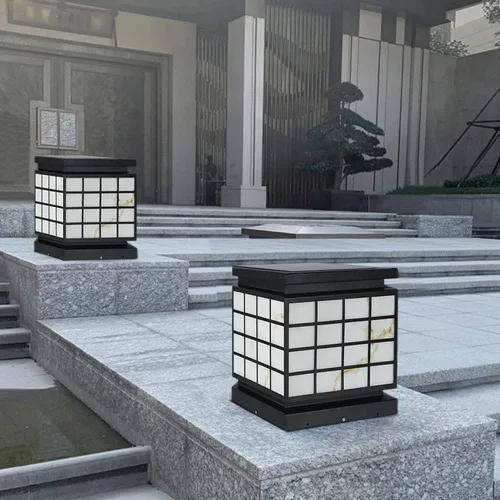 Vista 3 de Poste de lámpara solar Iluminación al aire libre Columna Luces de poste farol con imitación de mármol Pantalla Lámpara de poste exterior para patio
