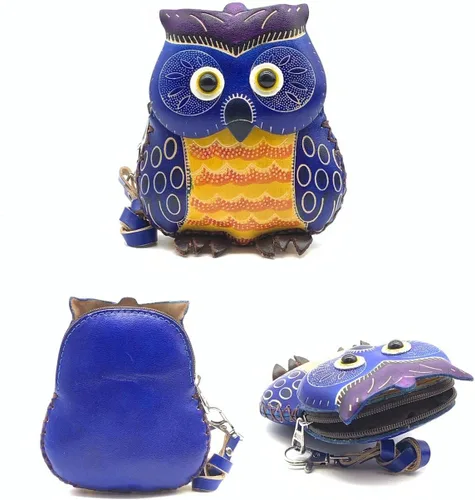 Vista 12 de Handmade Vintage Genuine Leather 3D Animal Owl Coin Purse with Removable Wrist Strap (Brown)