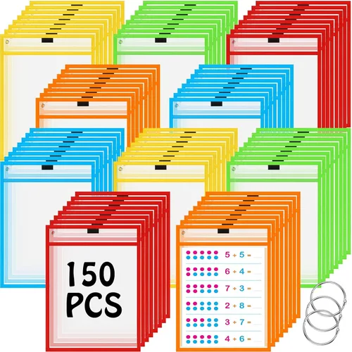 Vista 8 de Teling 150 bolsillos de borrado en seco reutilizables a granel para boletos de trabajo, protector de manga de plástico transparente, funda
