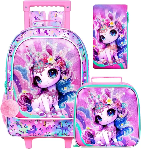 Vista 12 de Mochila con ruedas para niñas, Fox Kids School Mochilas con ruedas, mochila enrollable con lonchera para preescolar primaria (blanco)