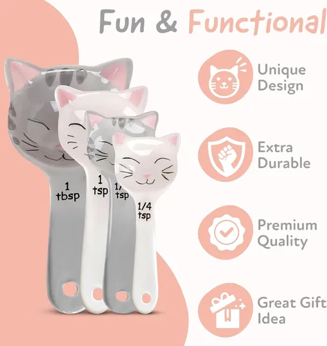 Vista 4 de Cucharas medidoras, de cerámica, con forma de gato, color blanco y gris