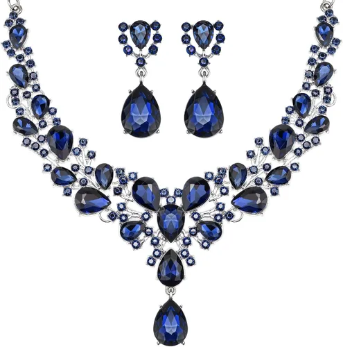 Vista 14 de Hicarer Conjunto de joyas de cristal en forma de lágrima nupcial para mujer, collar, aretes, boda Negro