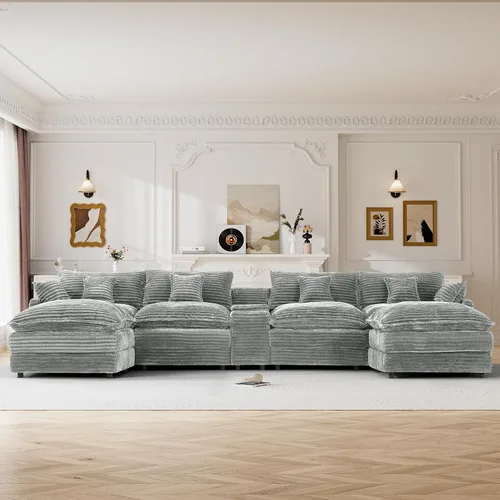 Vista 8 de Sofá de nube de 145 pulgadas, de gran tamaño, en forma de U, color gris claro, para sala de estar, sofá modular modular con otomanas y consola