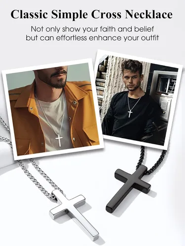 Vista 2 de Bestyle Collar de cruz simple para hombre, cadena de acero inoxidablenegrooro para hombres con colgante de cruz, regalos de bautismo religioso