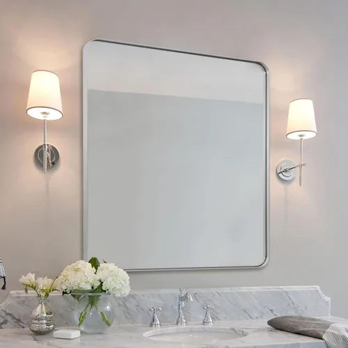 Vista 10 de ANDY STAR Espejo de pared cuadrado para baño, espejo de baño negro mate de 24 x 24 pulgadas, espejo de metal de esquina redondeada en marco de acero