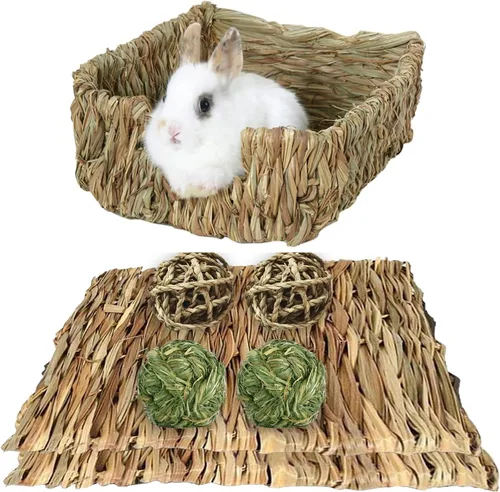Vista 11 de Hamiledyi Cama de hierba de conejo, alfombrilla de heno natural hecha a mano, bolas masticables para conejo, chinchilla, conejillo de indias, hurón