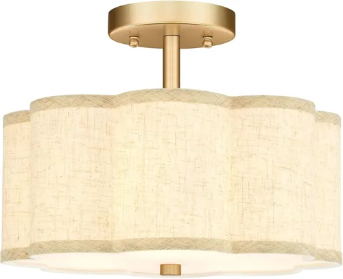 Vista 8 de Lámpara de Techo Semiempotrada Dorada, 3 Luces Accesorios de Iluminación de Techo de 12.5" con Pantalla de Tela en Forma de Flor, Luces de Tambor