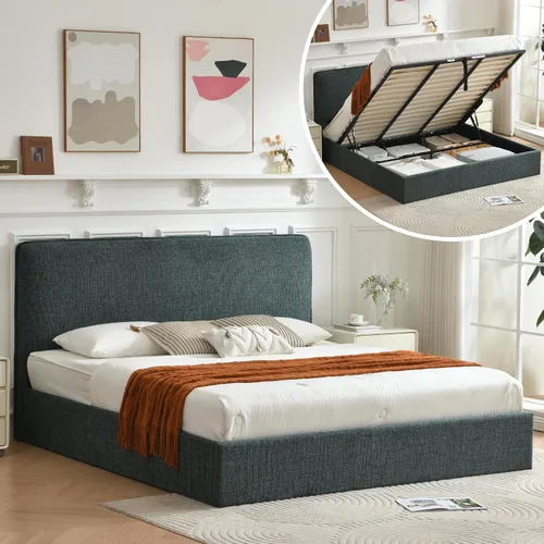 Vista 11 de Marco de cama de almacenamiento Queen con cabecero curvado, color crema Linen Upholstered Bed Frame, Hydraulic & Sturdy Wooden Slat Support, No
