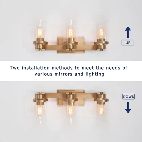 Vista 4 de Durent Lighting Moderna lámpara de baño, tocador de 3 luces con pantalla de vidrio semillado, 20.5 x 7.9 x 6.7 pulgadas, oro satinado, certificado