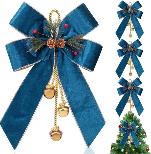 Vista 7 de Yinkin Corona de Árbol de Navidad Lazo Lazos de Cinta de Navidad con Campanas 11 x 7.8 pulgadas Terciopelo Cono de Pino Lazo Adornos Colgantes