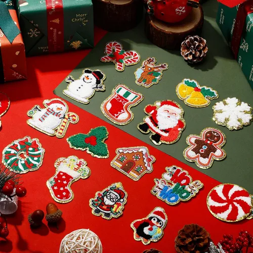 Vista 7 de 48 parches autoadhesivos para planchar, parches bordados de chenilla, parches para coser, apliques de Papá Noel, muñeco de nieve, pan de jengibre
