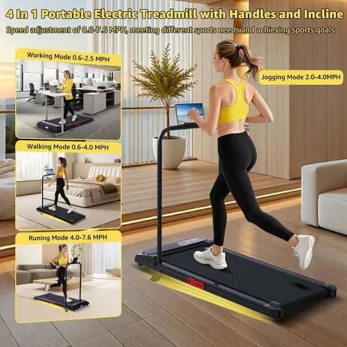 Vista 4 de Caminadora portátil para el hogar pequeña con inclinación y barra de mango