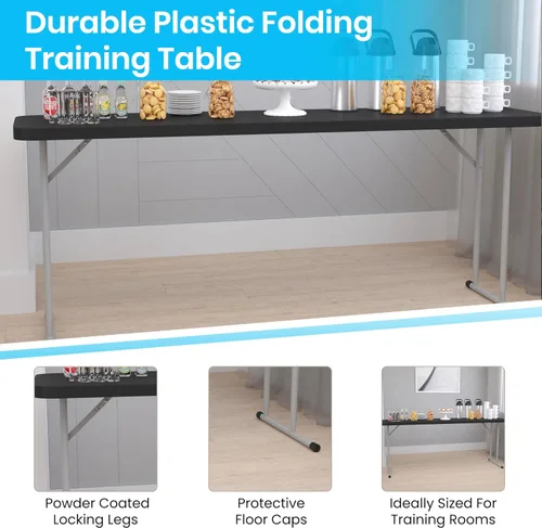 Vista 4 de EMMA + OLIVER Mesa plegable rectangular de plástico de 6 pies, mesa plegable de plástico larga para eventos residenciales en interiores y Negro