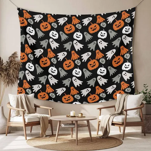 Vista 2 de Tapiz de Halloween para colgar en la pared, fantasma, monstruo de calabazas, tapiz estético lindo de dibujos animados naranja para dormitorio, sala