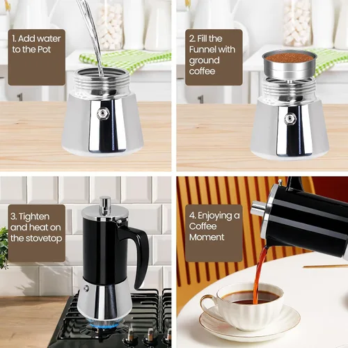 Vista 9 de 4 tazas espesado Moka Pot 304 Acero Inoxidable 6.8 fl oz Cafetera italiana de café expreso, cafetera, cafetera de moca para estufa de inducción