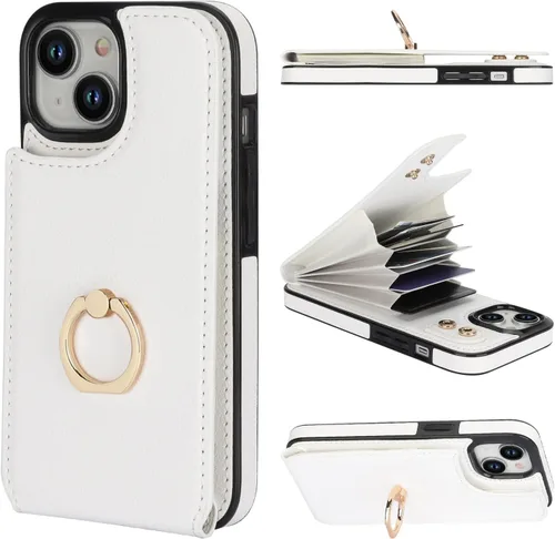 Vista 14 de Folosu Compatible con iPhone 15 Funda cartera con tarjetero con rotación de 360°, soporte de anillo de dedo con función atril, bloqueo RFID, de Negro