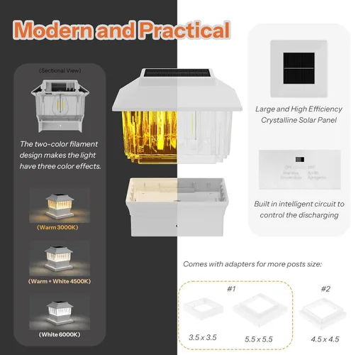 Vista 7 de Paquete de 4 luces solares para tapa de poste, modernas #2: se adapta a postes de vinilo de 4 x 4 y madera de 5 x 5 pulgadas, temperatura de 3