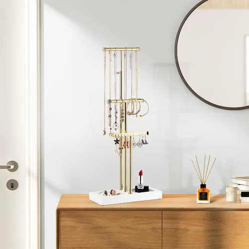 Vista 7 de Love-KANKEI Organizador de joyas colgante con base de metal y madera, soporte para collar con árbol de 3 niveles soporte para joyas para pulseras