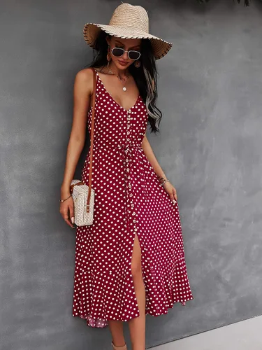 Vista 2 de BROVAVE - Vestido de verano 2023 para mujer, diseño informal, bohemio, con lunares, tirantes delgados, cuello en V, holgado y de largo por debajo