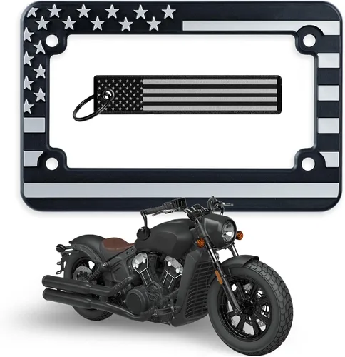 Vista 6 de Marco soporte para placa de matrícula de motocicleta con bandera estadounidense. Letras elevadas 3D (negro/negro)