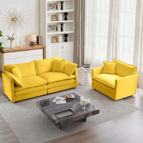 Vista 23 de mikibama Juego de sofá biplaza y sillón de lujo de 2 piezas, moderno juego de sofás nube tapizados de chenilla con 5 almohadas para sala de estar