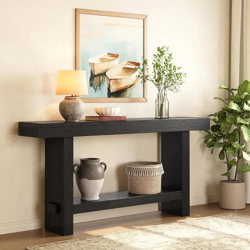 Vista 6 de Mesa consola de madera maciza de 63 pulgadas, mesa de entrada estrecha de 2 niveles para pasillo, entrada, sala de estar, detrás del sofá