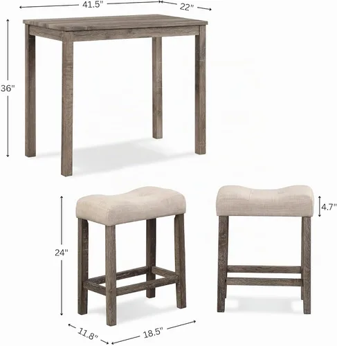 Vista 3 de Sora Wood - Juego de comedor de 3 piezas, altura de mostrador, color gris pardo Topo