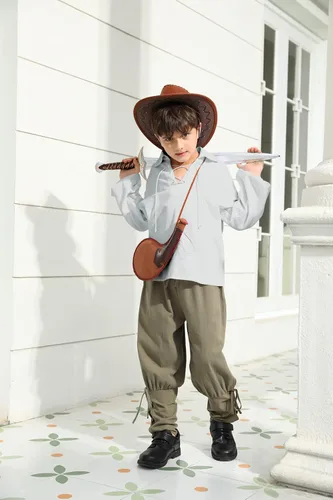 Vista 5 de Camisa medieval de pirata para niños vikinga, renacentista, con cordones, mercenario, Halloween, jacobita escocés, Ghillie, tops