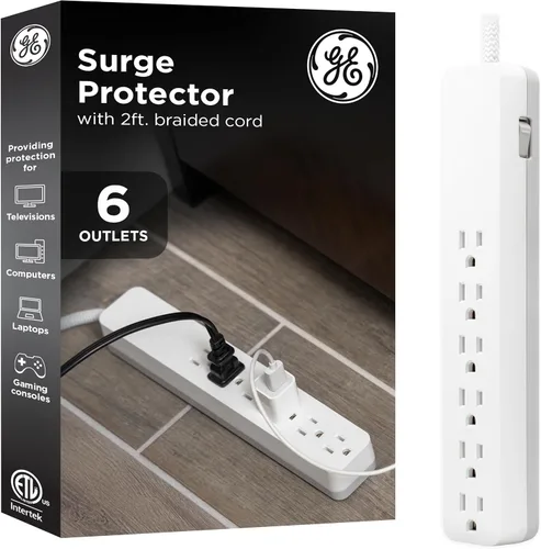 Vista 8 de GE UltraPro - Protector SurGE de 6 tomas, cable de extensión trenzado de diseño de 2 pies, enchufe plano, cable de alimentación largo, montaje