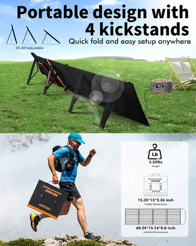 Vista 6 de KEPEAK Panel solar portátil de 100 W, panel solar plegable con QC3.0 y PD, cargador solar impermeable de alta eficiencia para casas rodantes, Panel