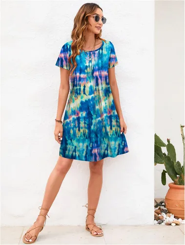 Vista 6 de Sherosa - Vestido de verano sin mangas o con manga corta, estampado floral, con bolsillos, casual, suelto, con vuelo, vestido estilo camiseta