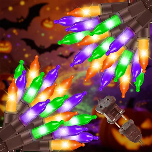 Vista 15 de Juego de 100 luces moradas extra brillantes con conectores finales, luces decorativas de Halloween, 19.6 ft, certificación UL, mini tira de luces
