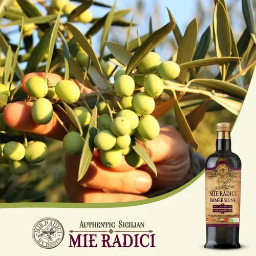 Vista 4 de Mie Radici Immessione D.O.P.- Aceite de oliva virgen extra prensado en frío orgánico Hecho de aceitunas sicilianas superiores Sabores afrutados
