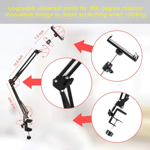 Vista 6 de SAMHOUSING Soporte para tableta para cama, soporte de montaje para cama giratorio de 360 grados con brazo de aluminio para iPad, iPhoneXS, N-Switch