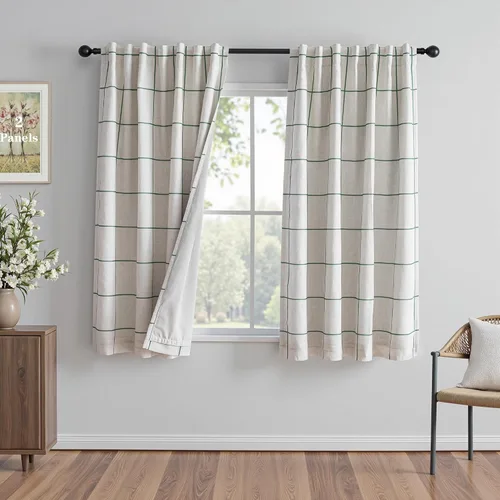 Vista 39 de MYSKY HOME Cortinas de Lino a Cuadros 100% Opacas de 45 Pulgadas de Largo de Doble Capa Estilo Granja con Aislamiento Térmico Estampado a Cuadros