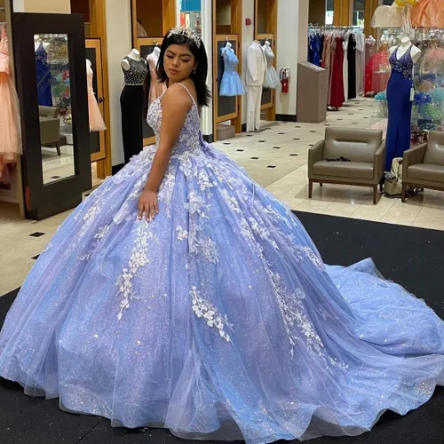 Vista 6 de XYAYE Tirantes espagueti con cuello en V vestidos de quinceañera vestido de bola con capa hinchada 3D flor encaje tul dulce 15 16 vestidos XY097