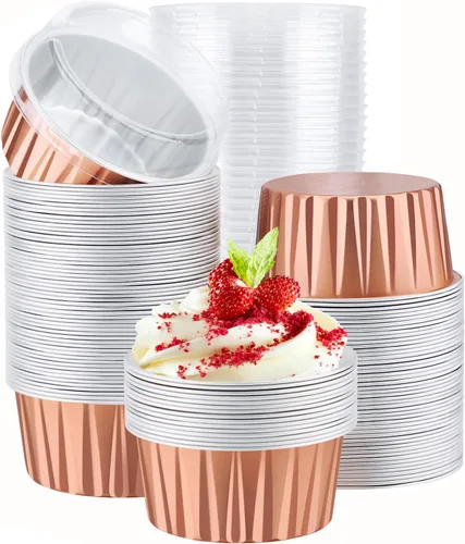 Vista 12 de EUSOAR Moldes desechables de papel de aluminio con tapas, 30 piezas de 5 onzas (4.2 fl oz) de papel de aluminio para magdalenas, tazas para hornear