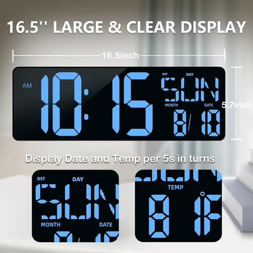 Vista 2 de Reloj de pared digital con pantalla grande: reloj digital LED de 16.5 pulgadas con control remoto, fecha, semana, DST automático, brillo ajustable