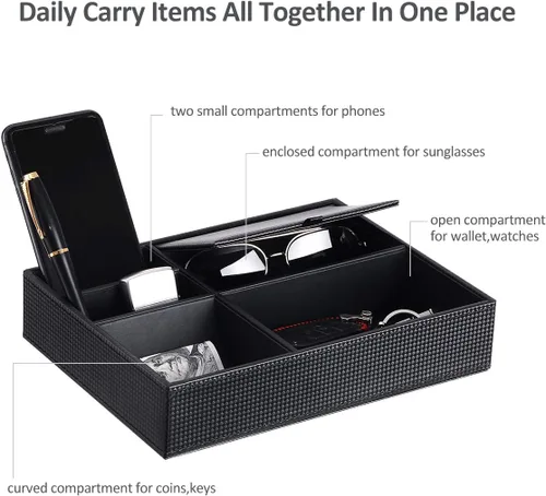 Vista 3 de BEWISHOME Bandeja organizadora de aparador para hombre organizador de mesita de noche para accesorios de joyería fibra de carbono piel sintética